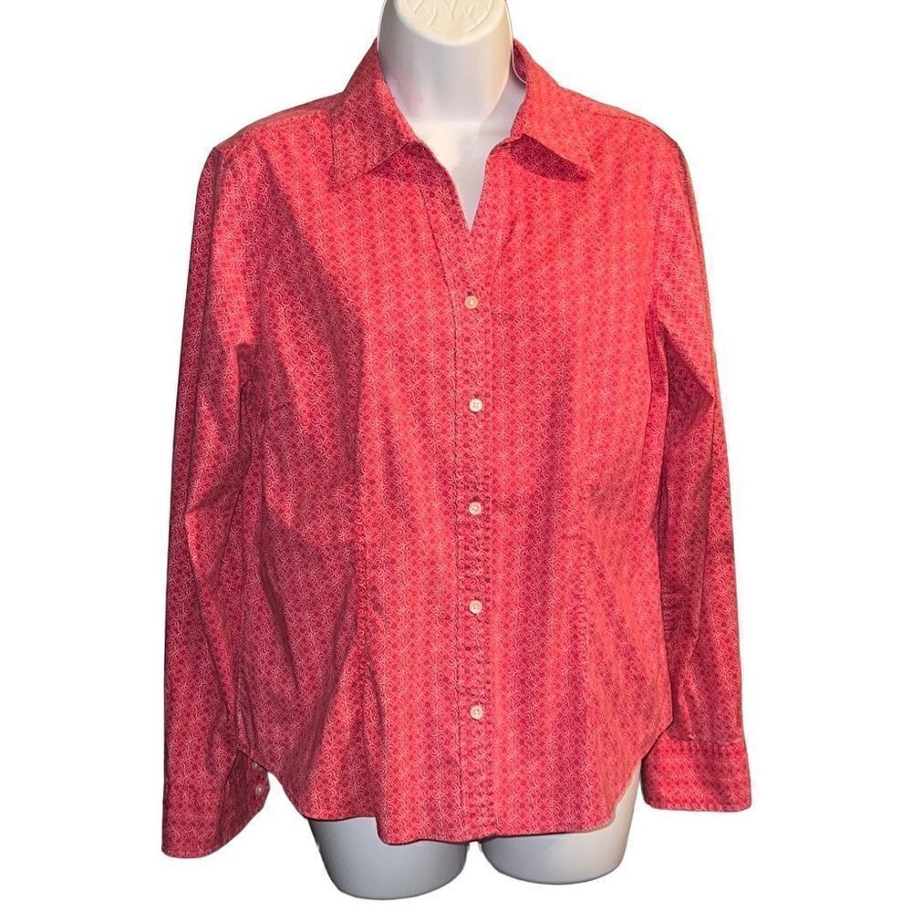Bass Women Long Sleeve Symmetrical Floral Print Poplin Blouse Tops Pink Size Lar